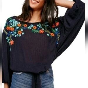 Free People Navy Embroidered Floral Pullover